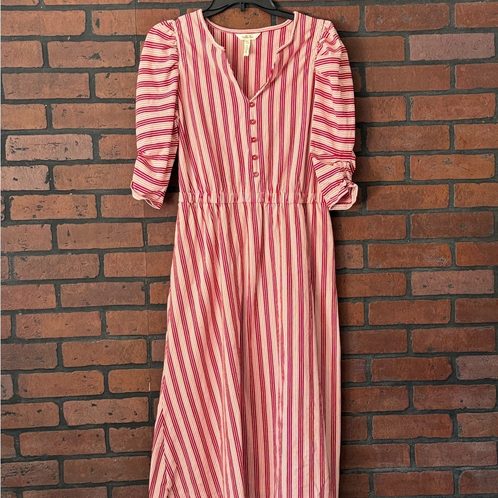 Matilda Jane Small Red Pink Striped Midi Dress Puff‎ Sleeve Button Front